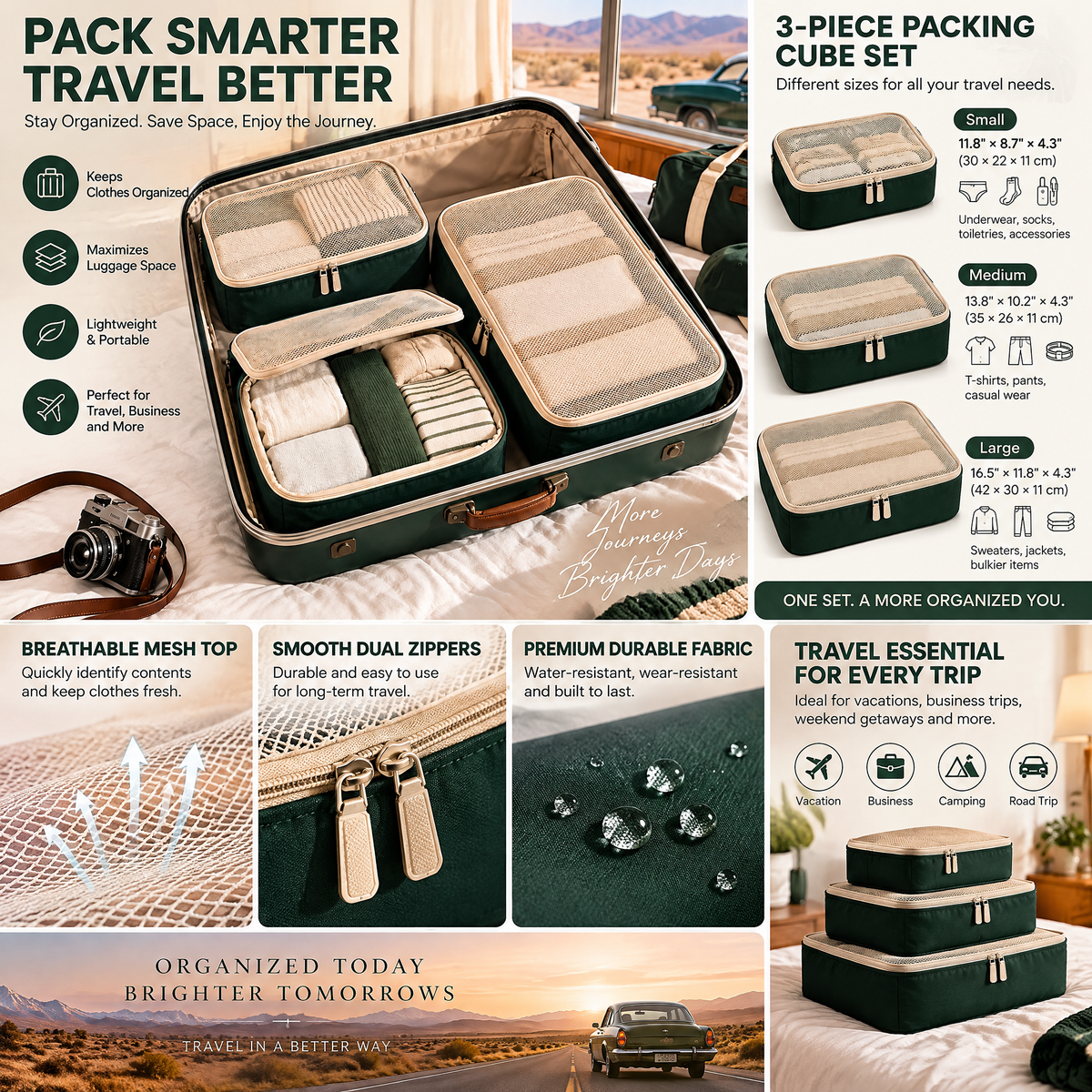 3-Piece Racing Green Packing Cube Set — detail 2