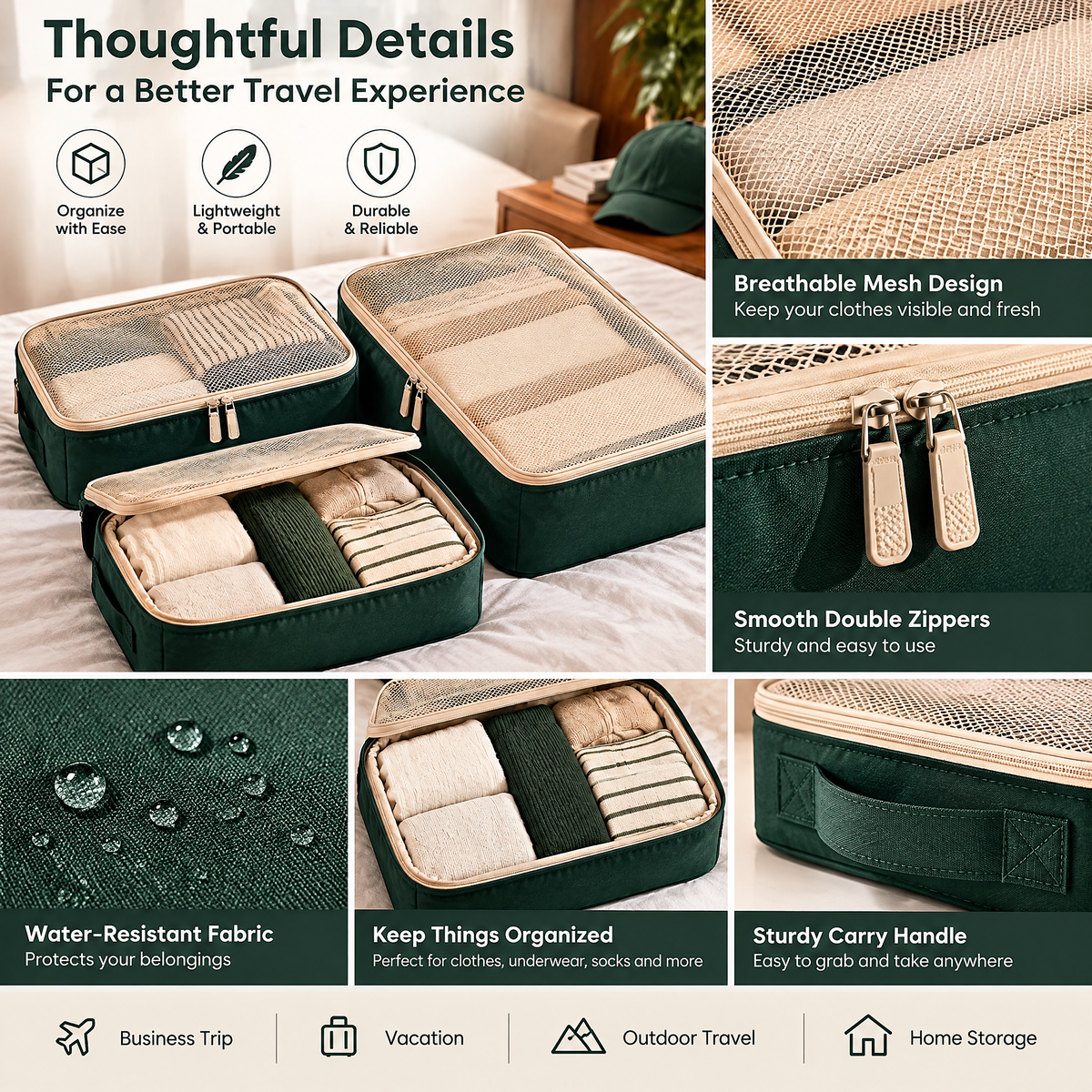 3-Piece Racing Green Packing Cube Set — detail 3