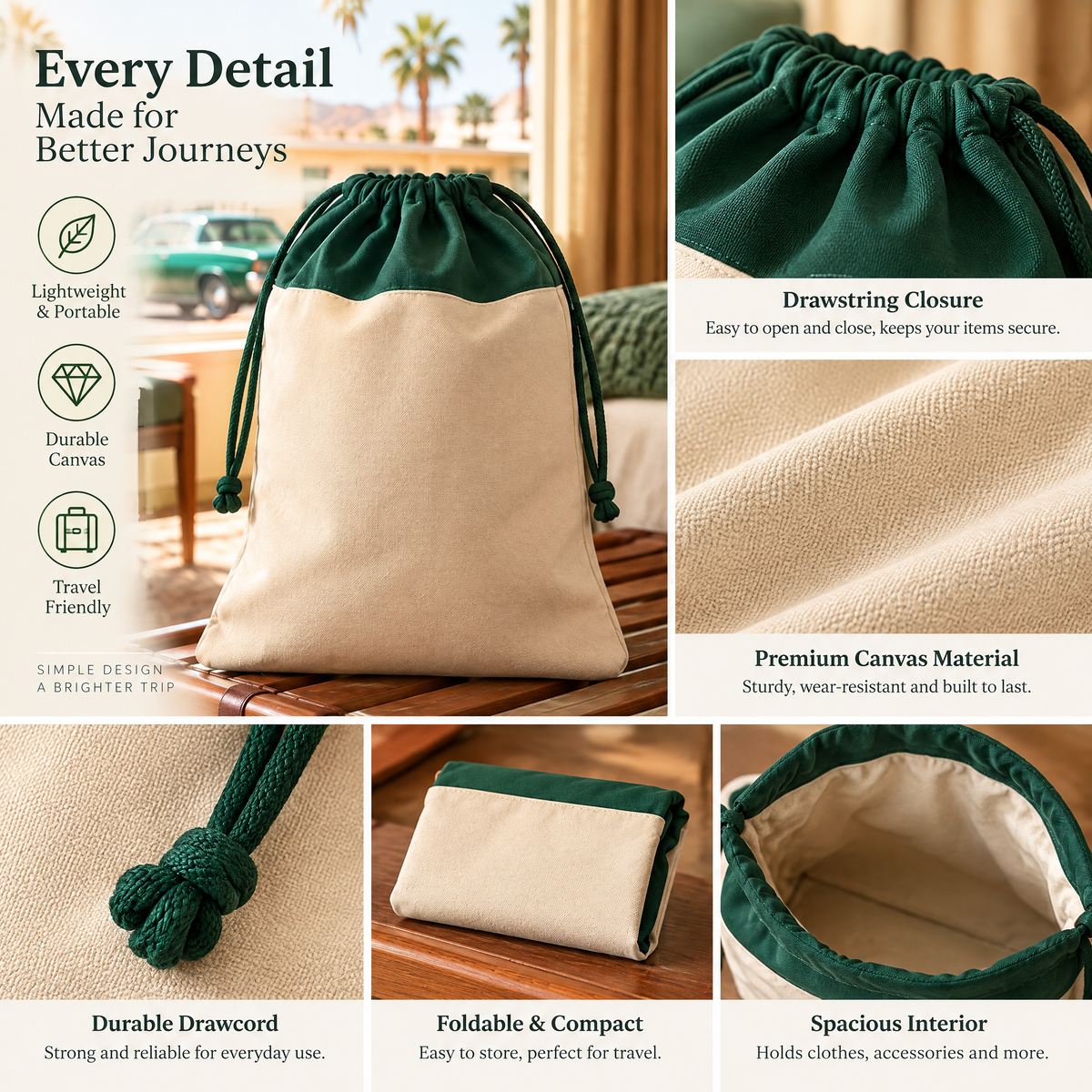 Racing Green & Cream Drawstring Laundry Bag — detail 3