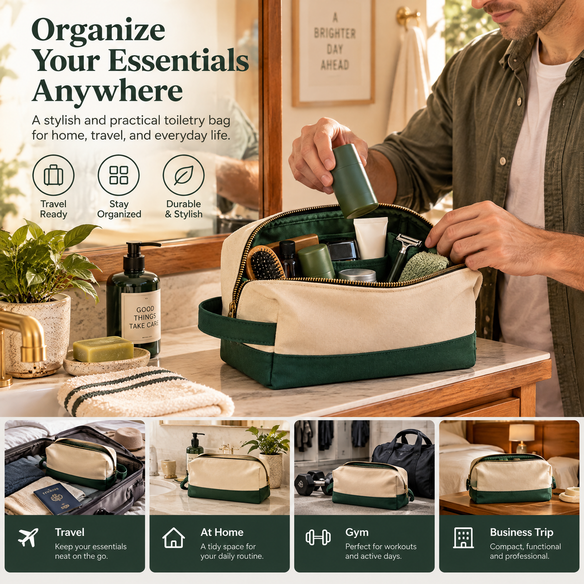 Cream & Green Classic Dopp Kit — detail 1