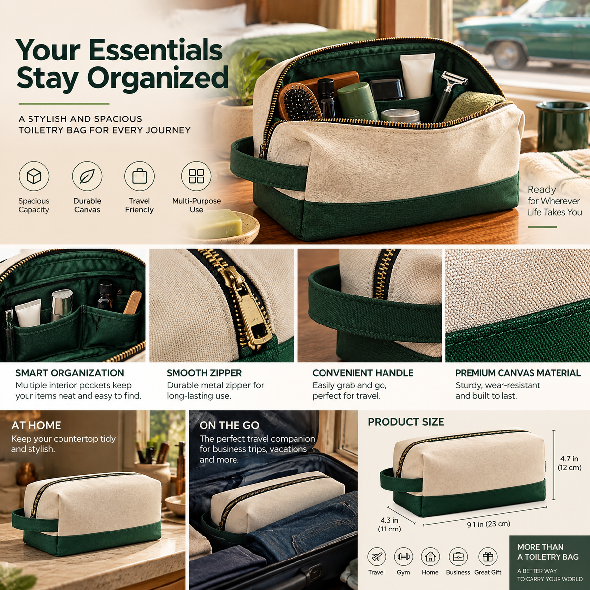 Cream & Green Classic Dopp Kit — detail 2