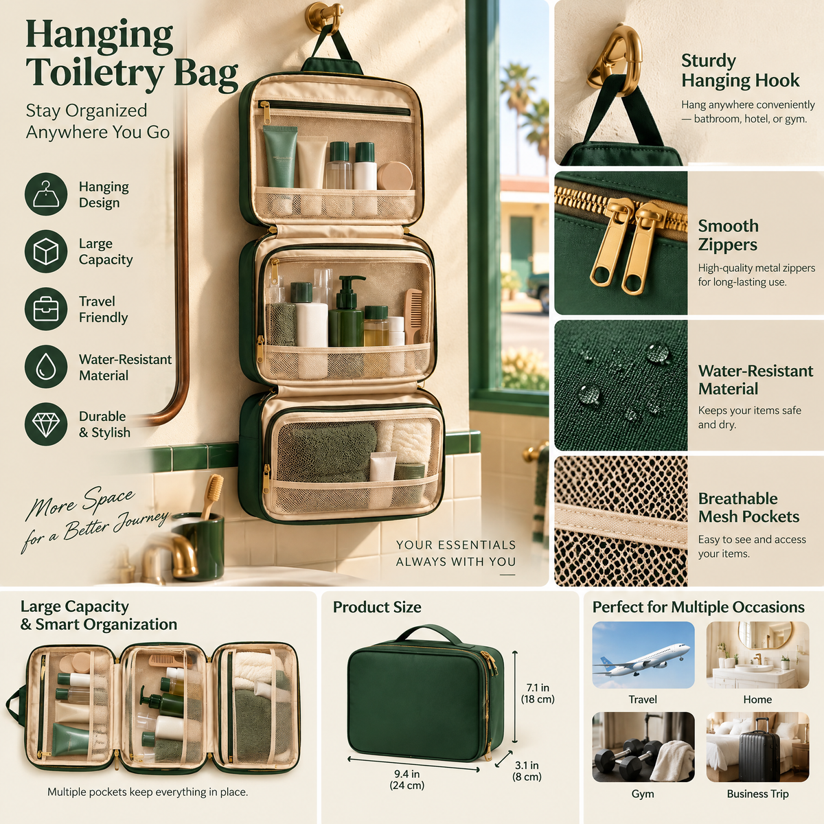 Racing Green Hanging Toiletry Organizer — detail 2