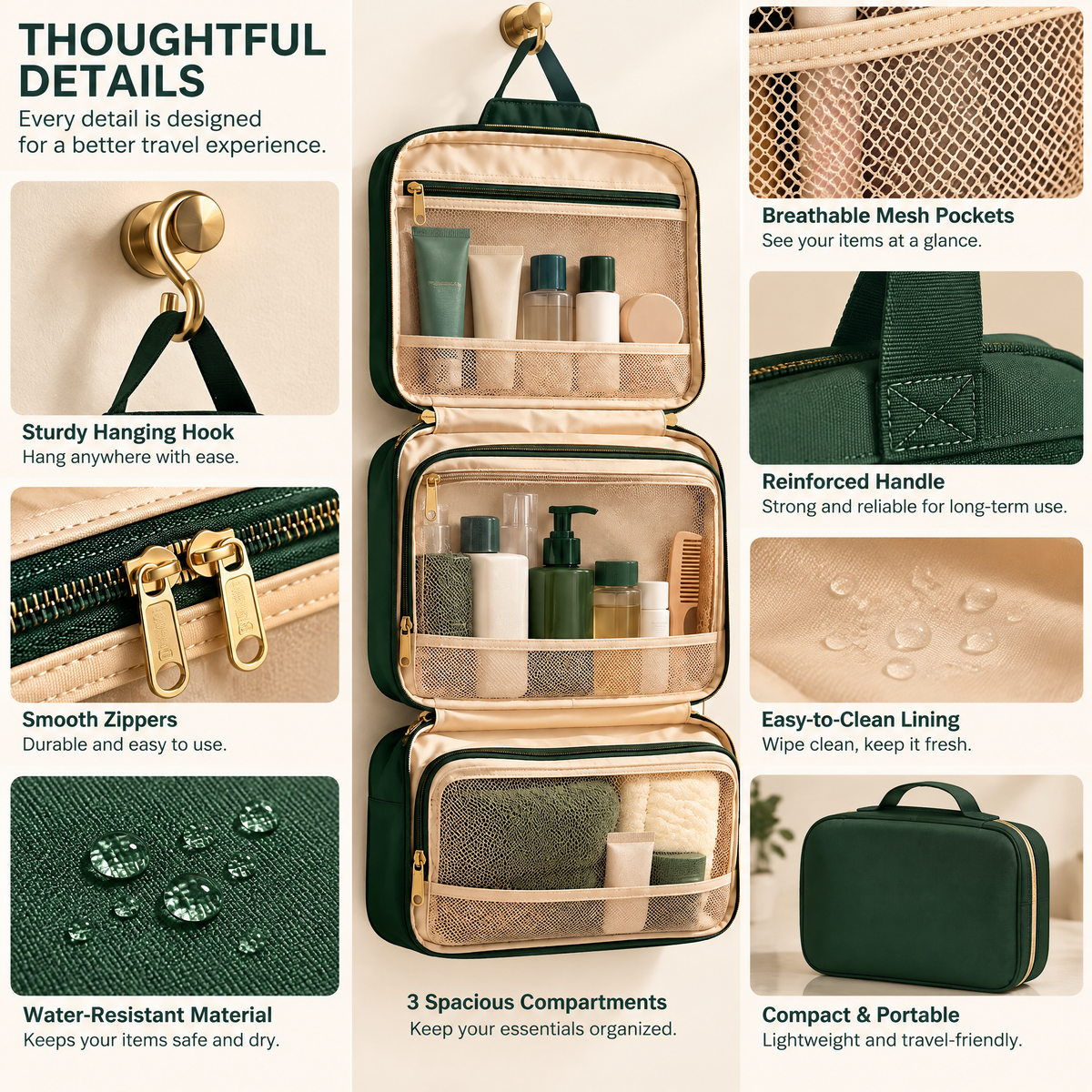 Racing Green Hanging Toiletry Organizer — detail 3